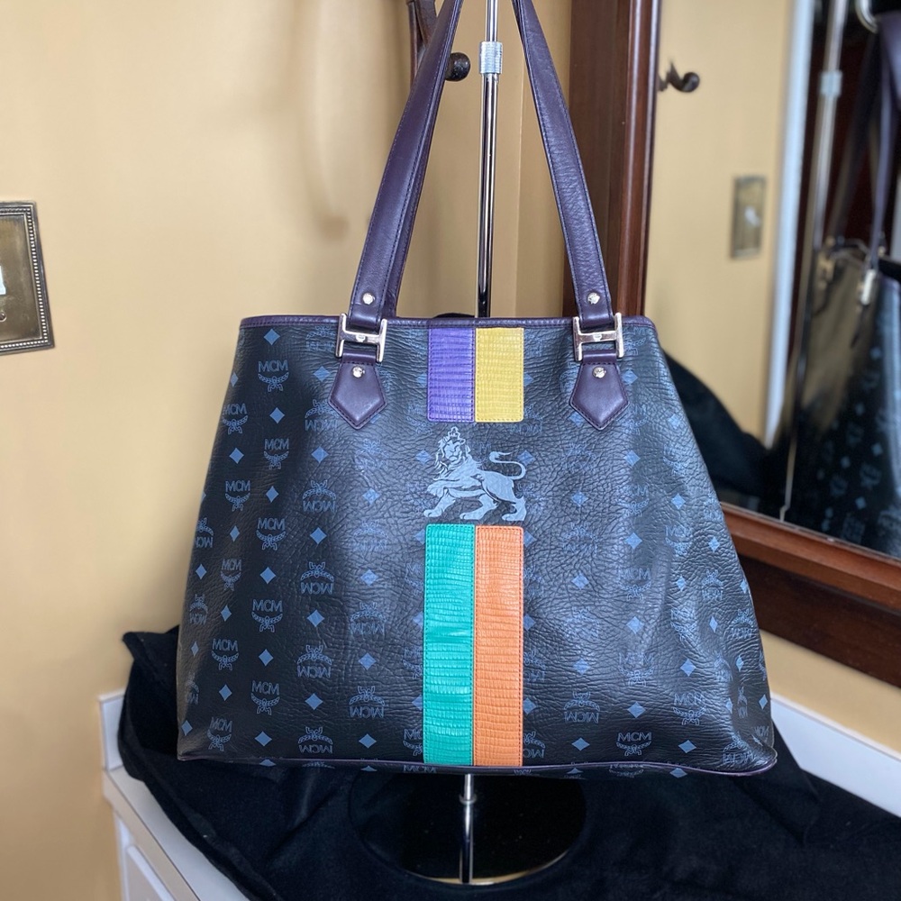 MCM VISETOS  PRINCESS LION Black and Purple Designer Tote/ Shoulder Bag
